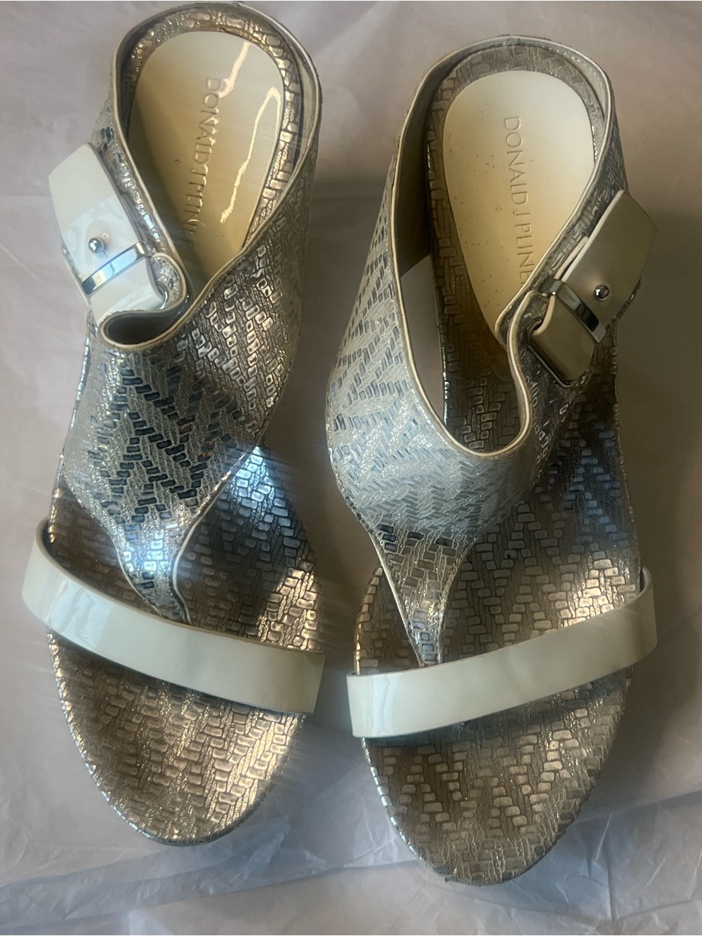 DONALD J PLINER White and Silver Platform Wedge Sandals